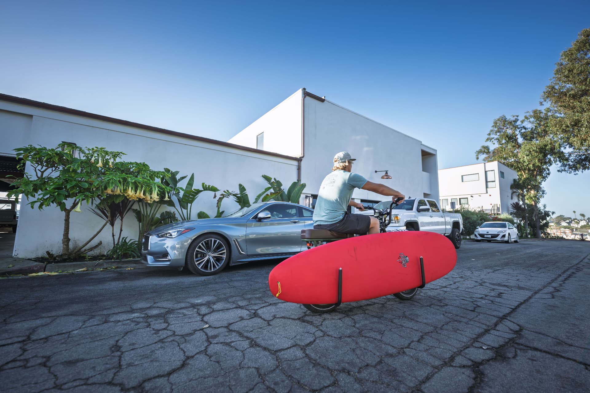 Heading out with a board on the bike rack